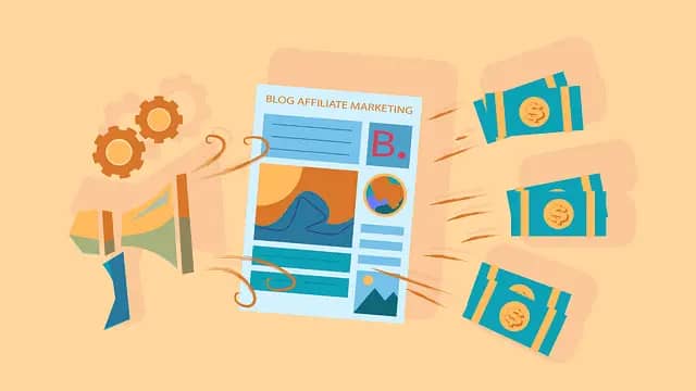 Drawing of a Bullhorn and a flyer with money flying from the flyer. The flyer says "Blog Affiliate Marketing" Monetize Your Blog